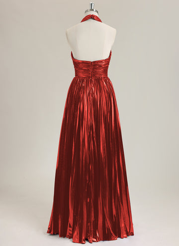 A-Line Sleeveless Floor-Length Metallic Prom Dress With Pleated